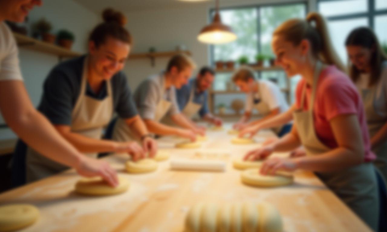 参加者が熱心にパン生地をこねるベーキング教室の風景