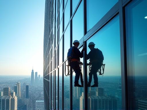 Addetto al lavaggio di vetrate esterne di un grattacielo