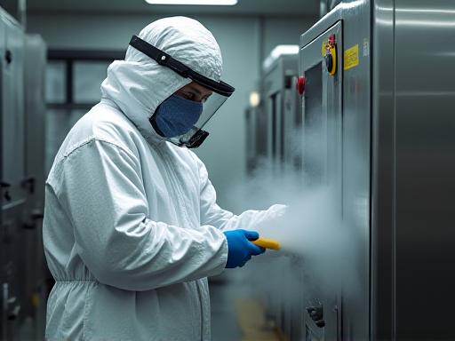 Operatore che sanifica una linea di produzione industriale