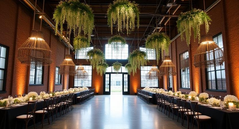Large venue installation with hanging florals